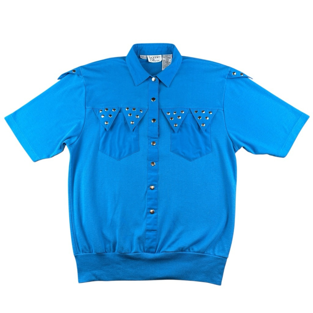 VINTAGE 90s Bonnie and Bill by Holly Bright Blue Short Sleeve Shirt Size MEDIUM
